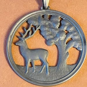 H J Hans Jensen Buck Deer in the Forrest Kunst Pewter Pendant  2.25"